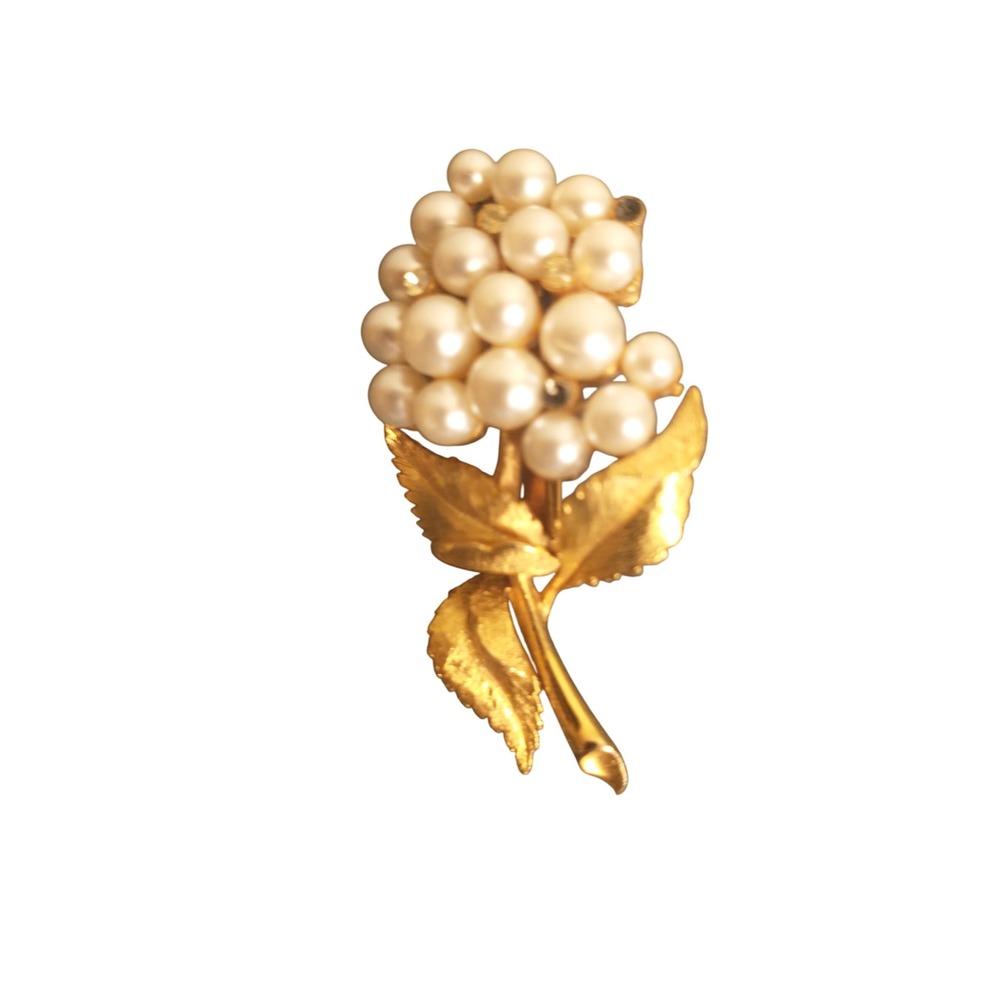 Vintage Gold Tone Faux Pearl Flower Brooch Pin Floral Bouquet